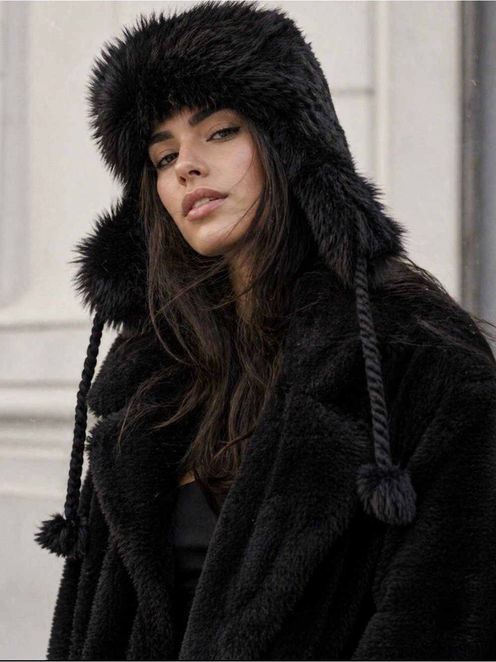 CALVIN KLEIN Black Faux Fur Trapper Hat